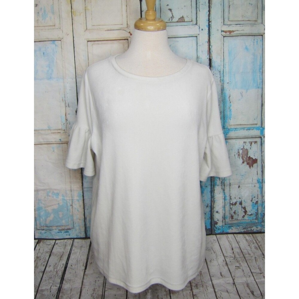 Ann Taylor Loft size XL Ivory Bell Ruffle Sleeve Boat Neck Velvet Velour Blouse